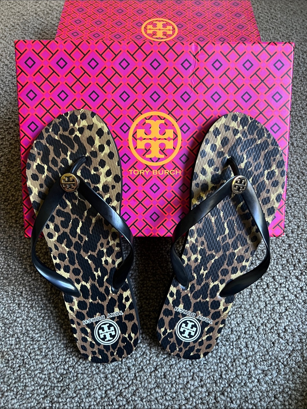 Tory Burch Leopard Print Flip Flops with Black Straps